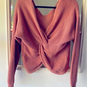 Cropped twist front waffle sweater